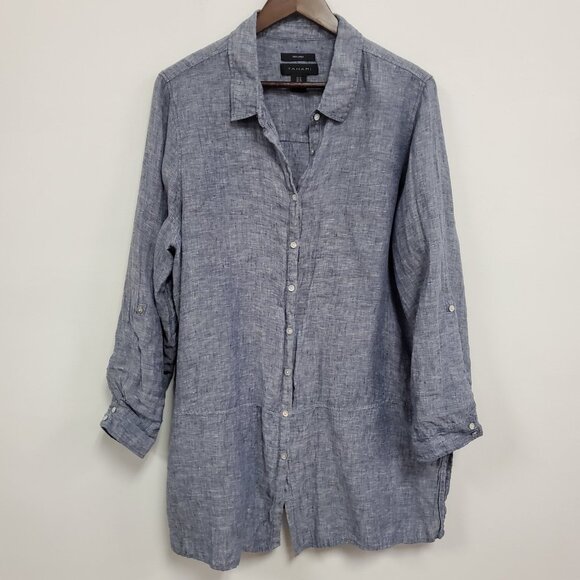 Tahari Linen Long Sleeve Roll Tab Tunic Top Size 1X Blue Beach Costal Button Up - Picture 1 of 9